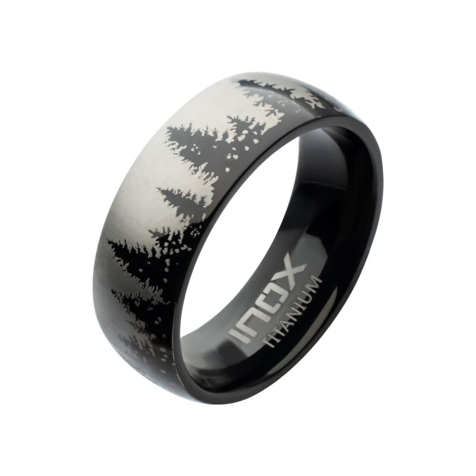 Inox Evergreen Forest Treeline Design Black IP Titanium Comfort Fit Ring
