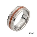 Inox Stainless Steel Deer Antler Sapele Wood Inlay Stag Comfort Fit Ring