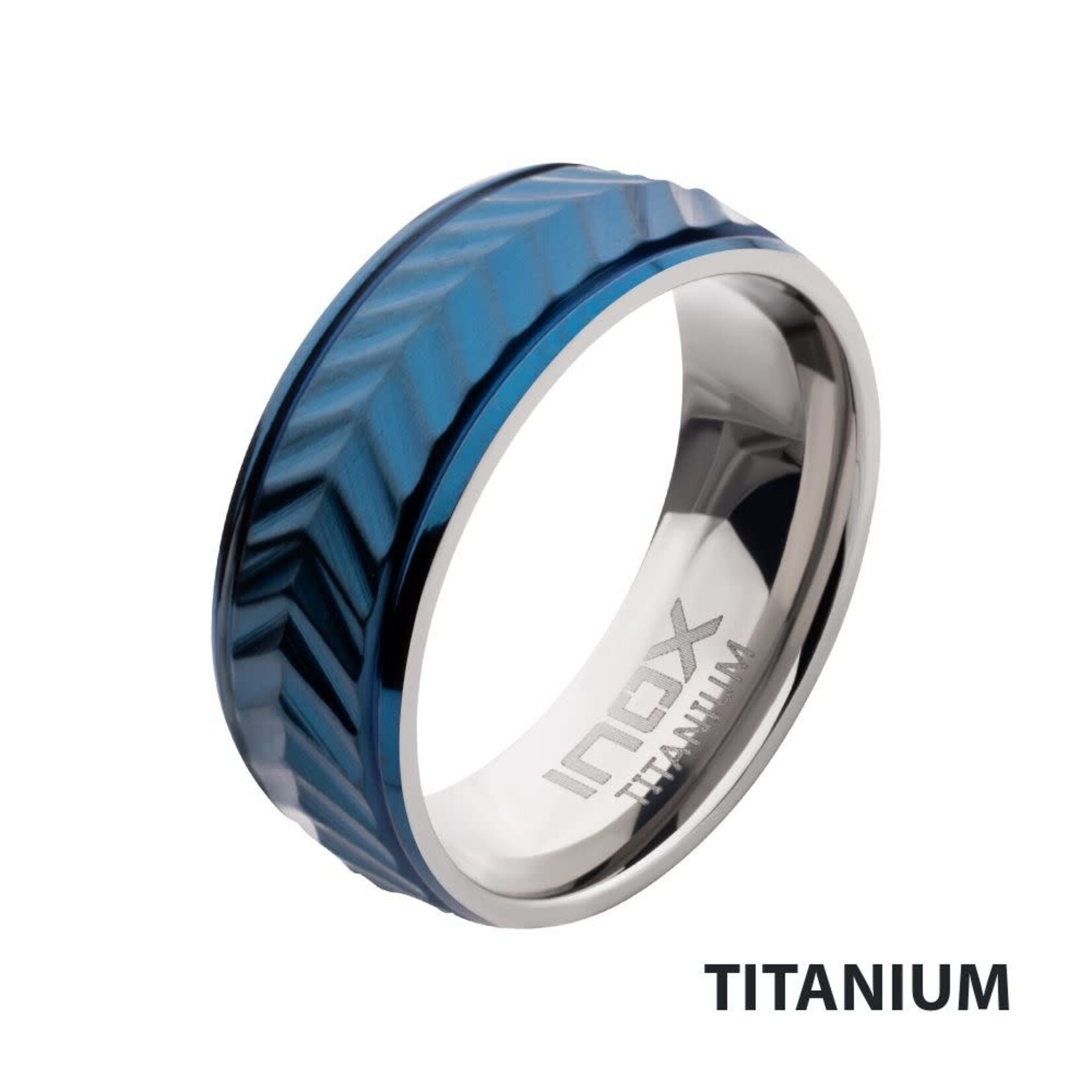 Inox Blue IP Titanium Matte Finish Chevron Comfort Fit Ring