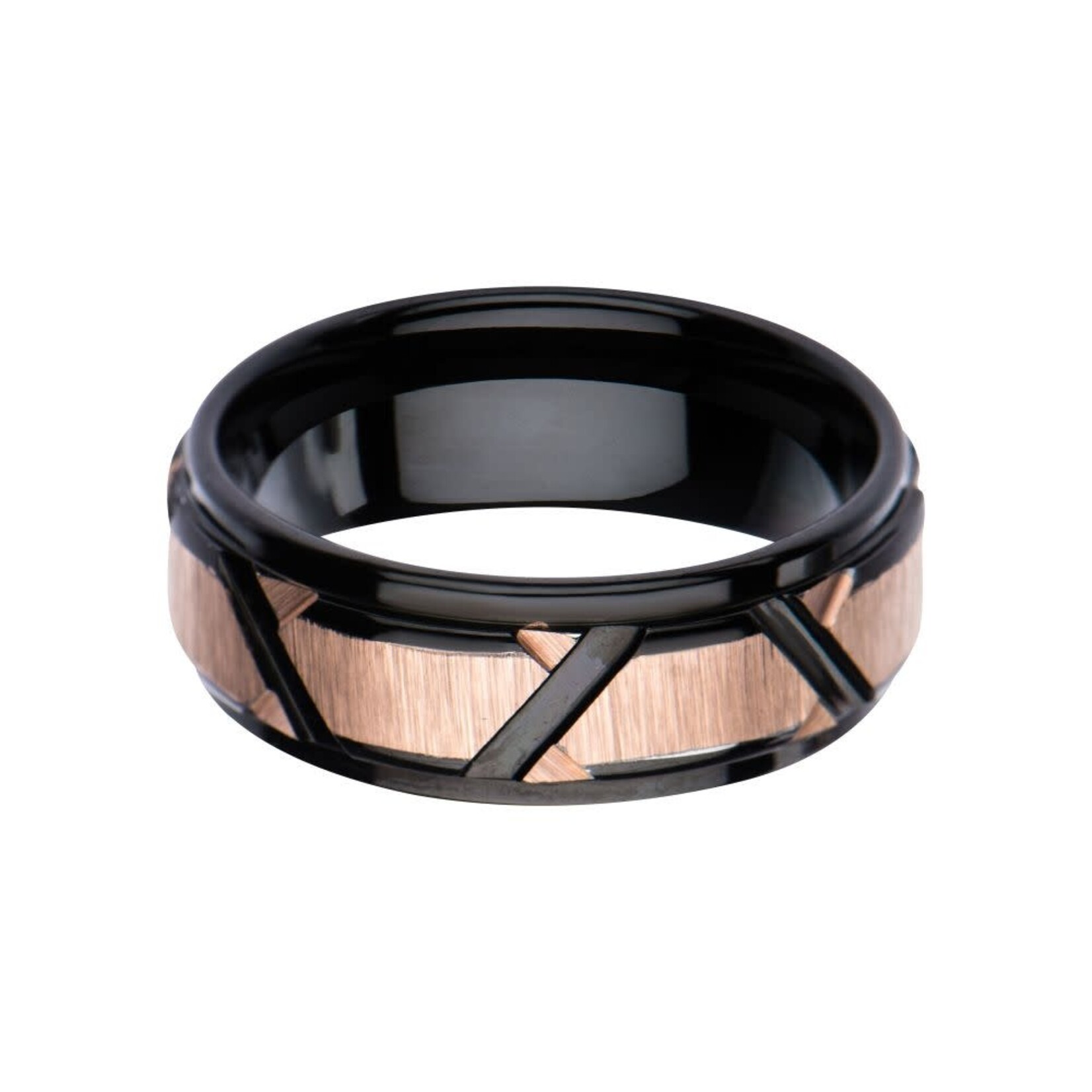 Inox Rose Gold IP & Black IP Patterned Design Polished Ring 13