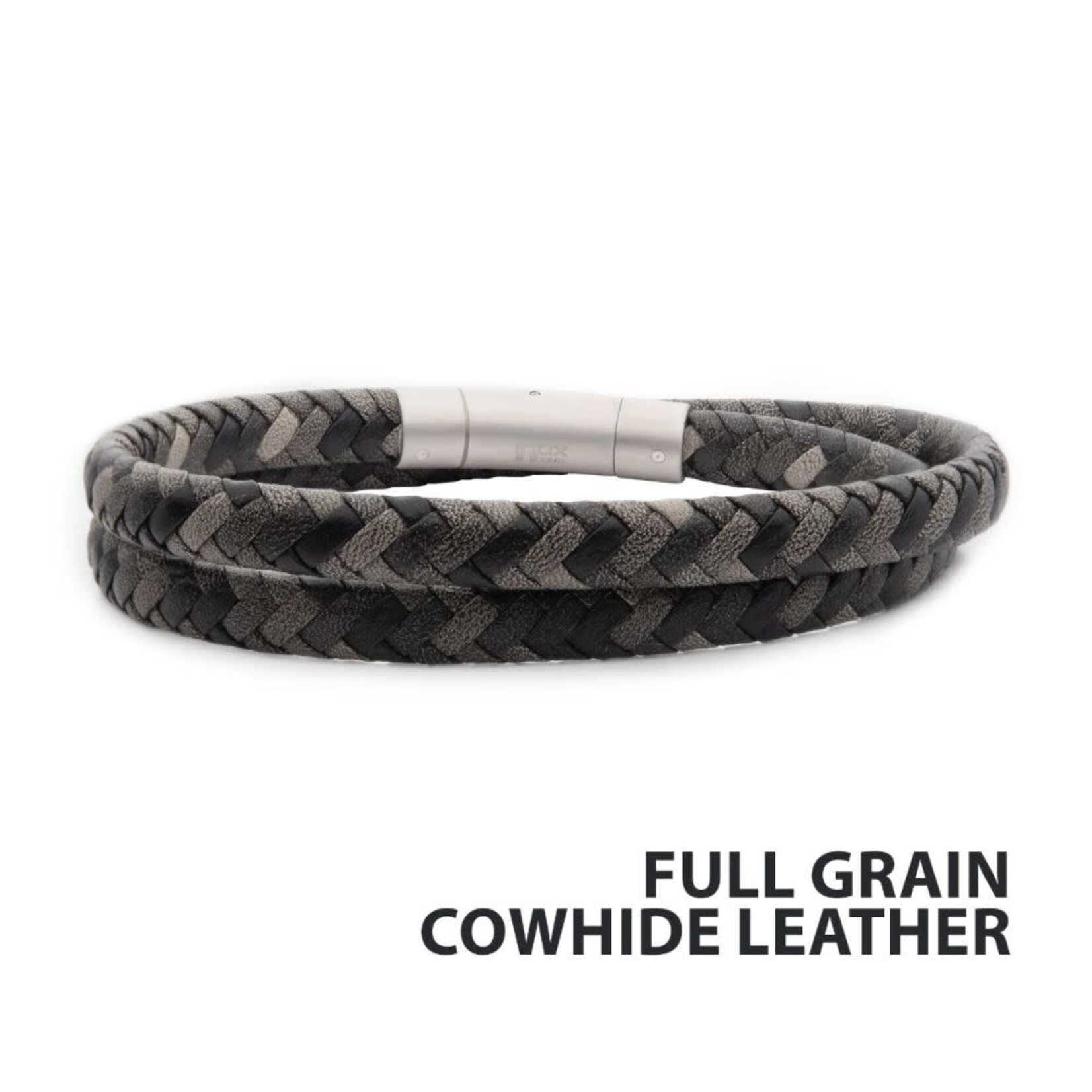 Inox Grey Double Wrap Braided Full Grain Cowhide Leather Bracelet 8"-16"