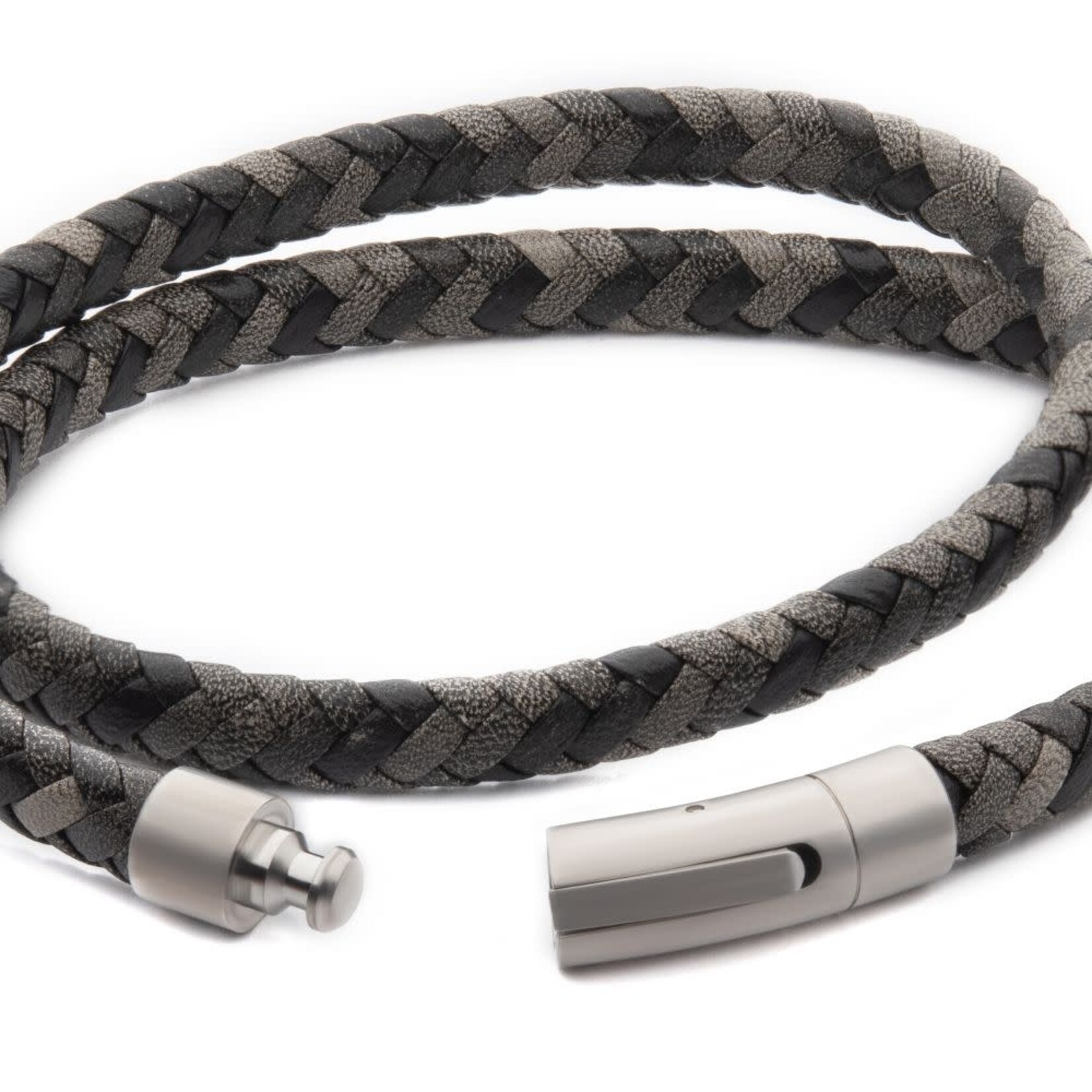 Inox Grey Double Wrap Braided Full Grain Cowhide Leather Bracelet 8"-16"