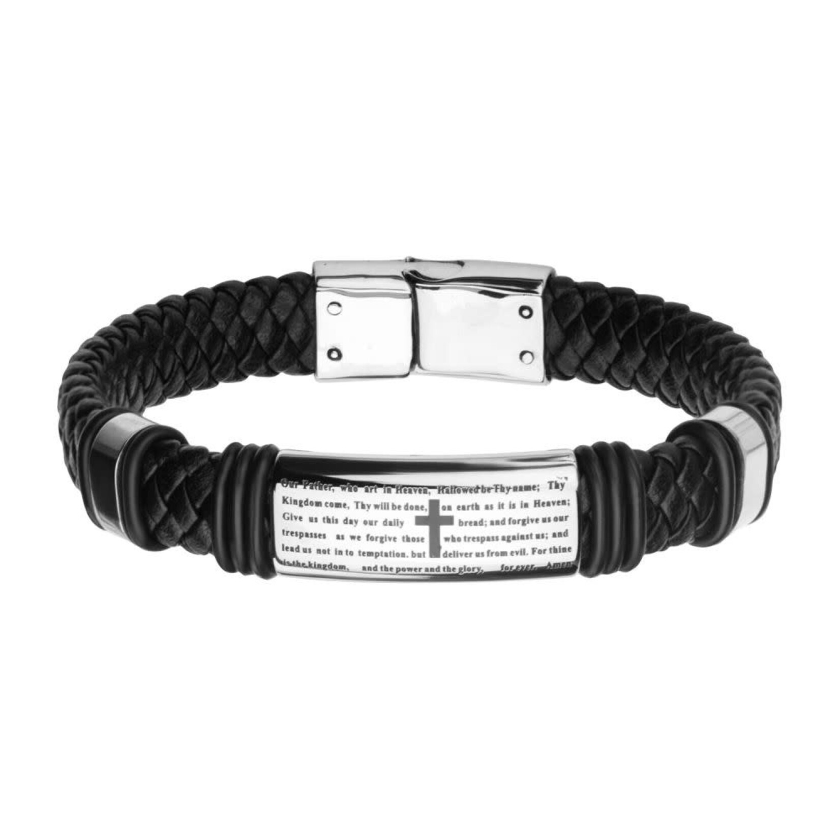 Inox Black Braided Leather with Lord's Prayer ID Steel Bracelet 8.75"