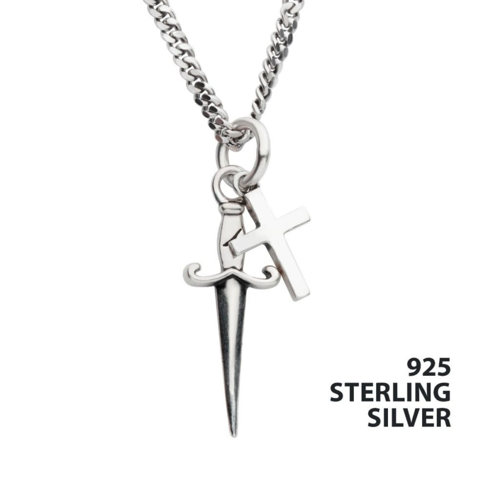 Inox 925 Silver Oxidized Dagger & Cross Duo Pendant with Curb Chain 20"-22"