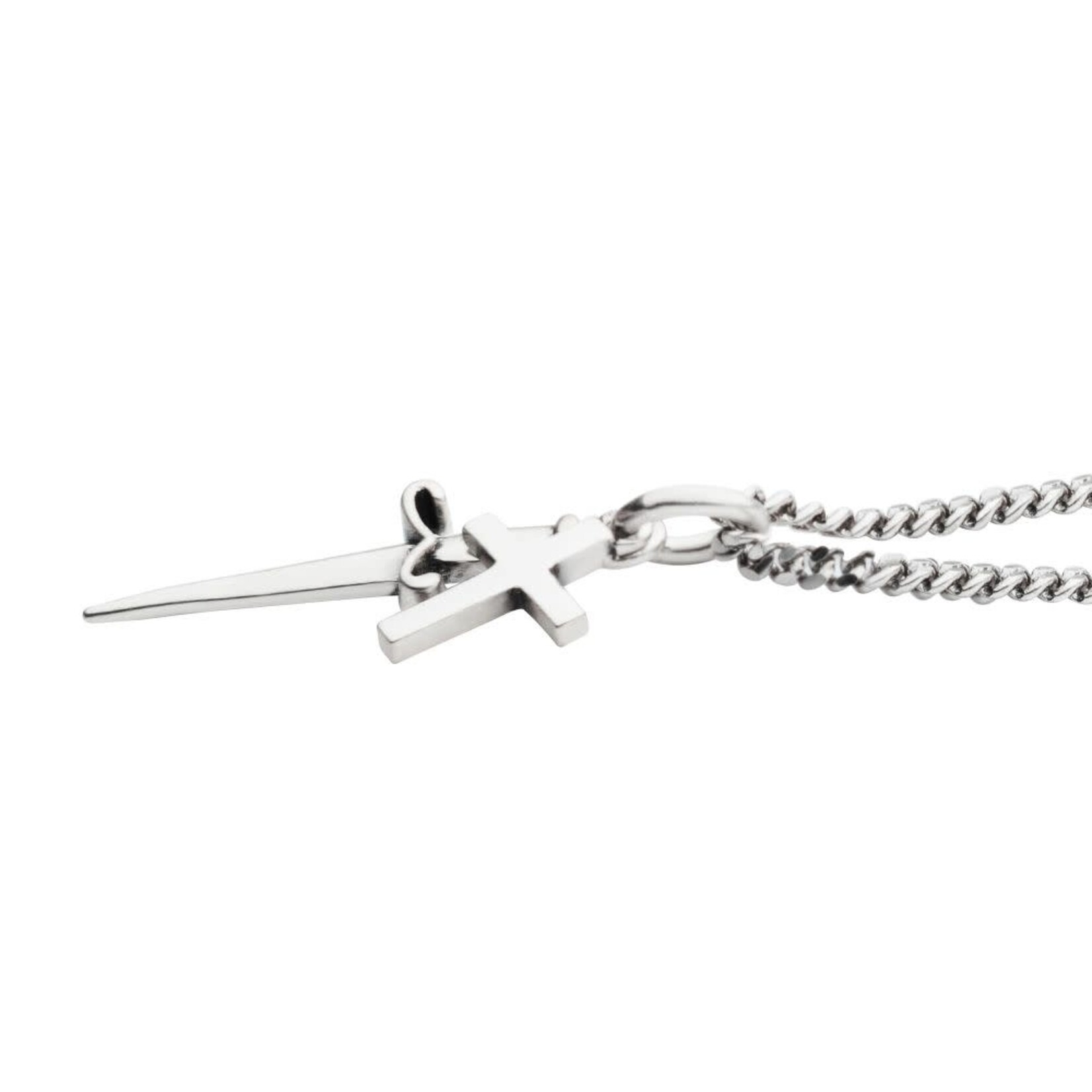 Inox 925 Silver Oxidized Dagger & Cross Duo Pendant with Curb Chain 20"-22"