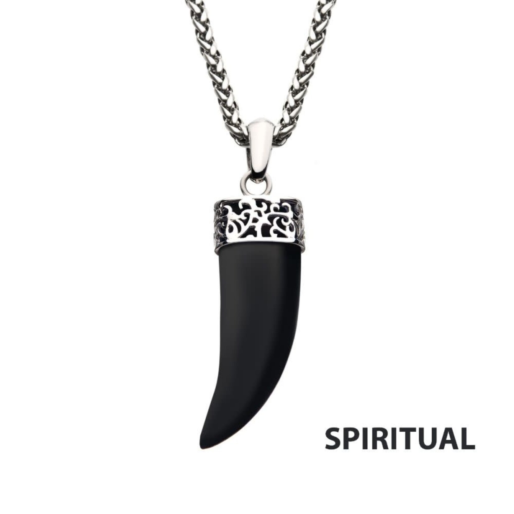 Inox Stainless Steel with Black Agate Stone Horn Pendant, with Steel Wheat Chain 24"
