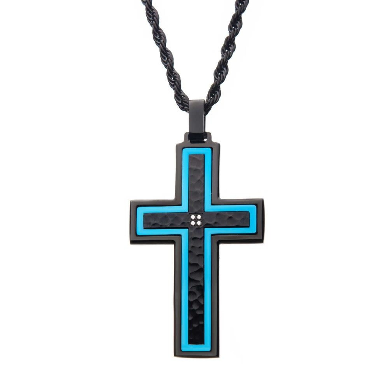 Inox Hammered Blue Line Cross with CZ Stainless Steel Pendant 24"