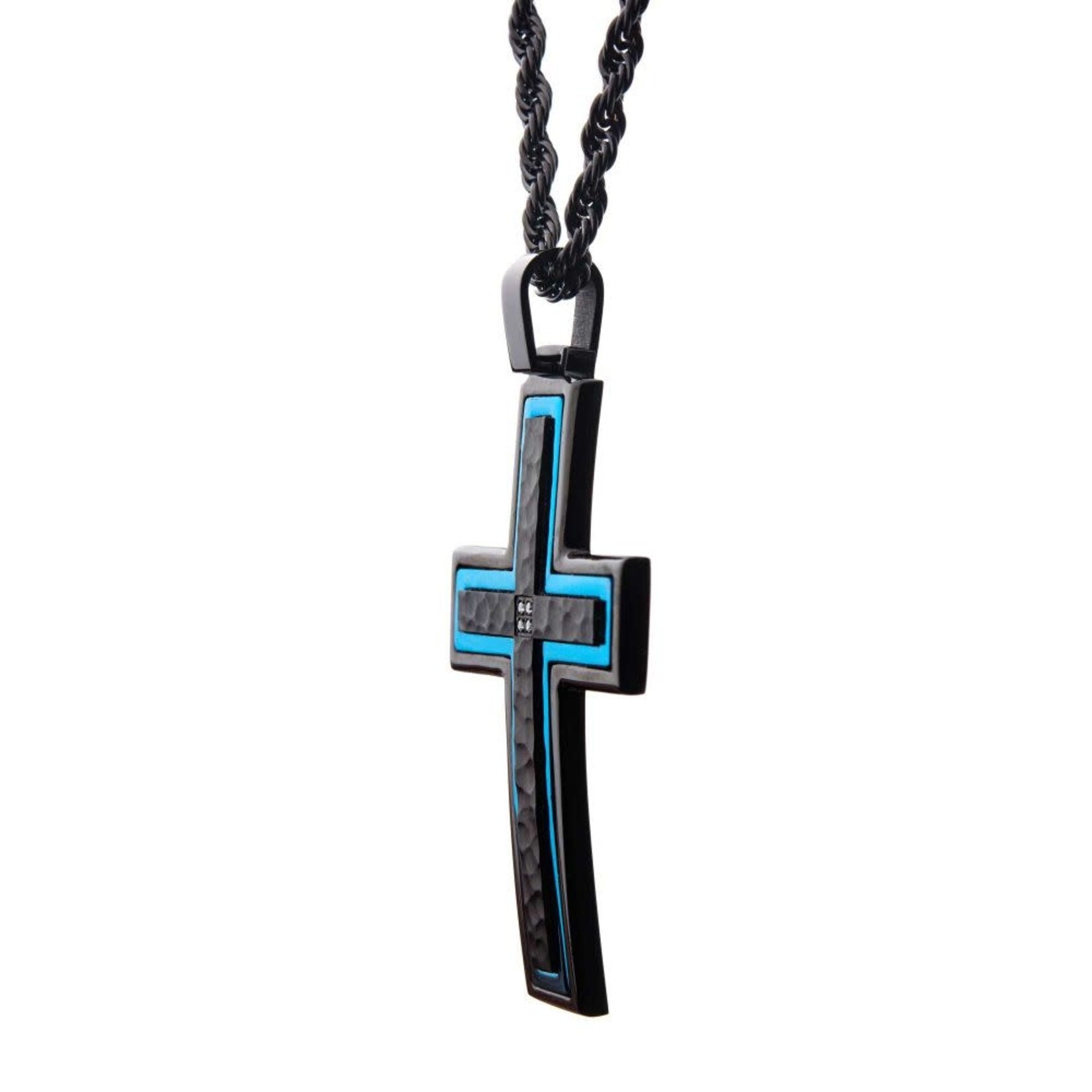 Inox Hammered Blue Line Cross with CZ Stainless Steel Pendant 24"