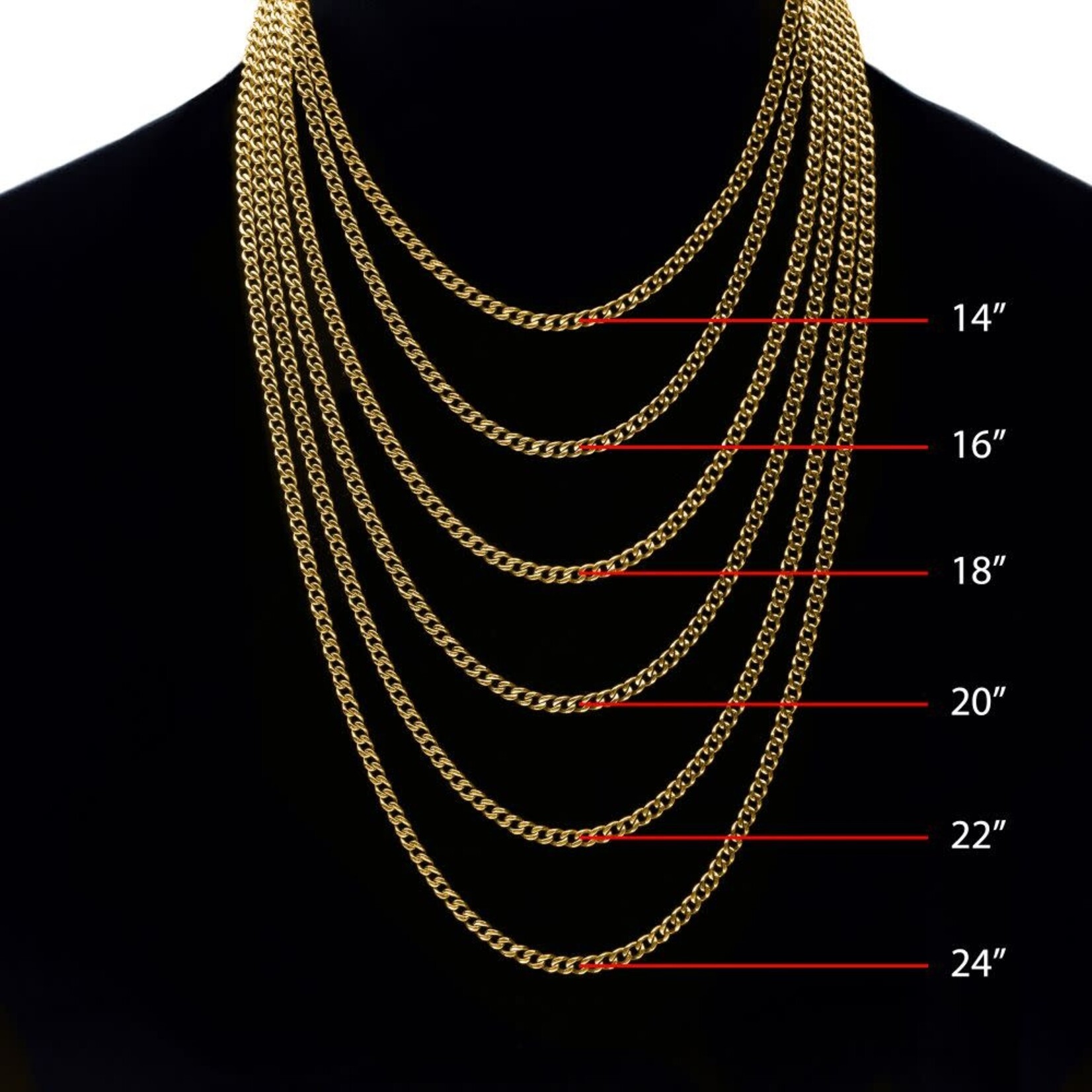 Inox 3.5mm 18Kt Gold IP Titanium Flat Curb Chain Necklace 16"