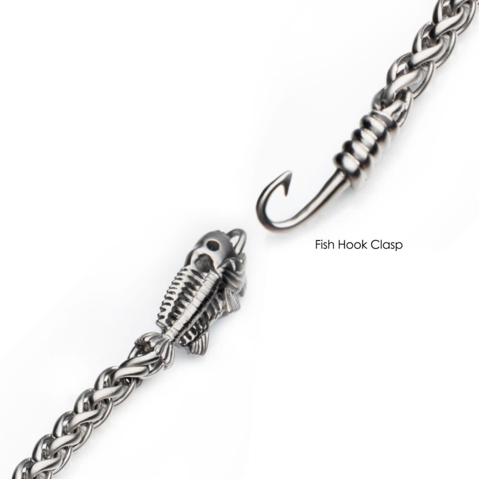 Inox Polished Steel Wheat Chain with Fishbone on Hook Clasp Bracelet 8.5"