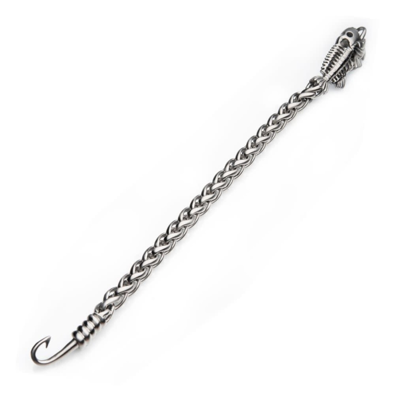 Inox Polished Steel Wheat Chain with Fishbone on Hook Clasp Bracelet 8.5"