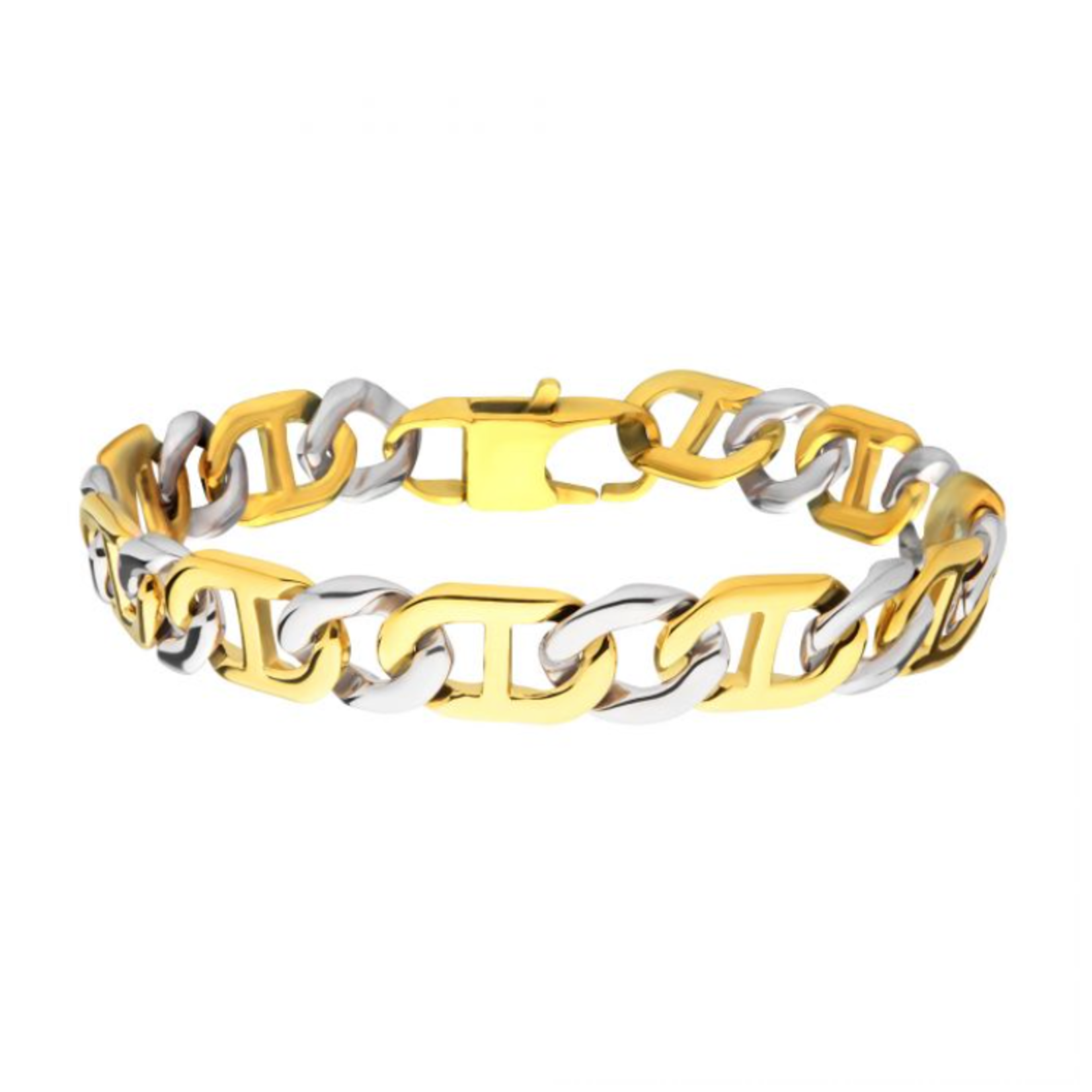 Inox 18Kt Gold IP Stainless Steel 11mm Mariner Link Chain Two-tone Bracelet 8.5"