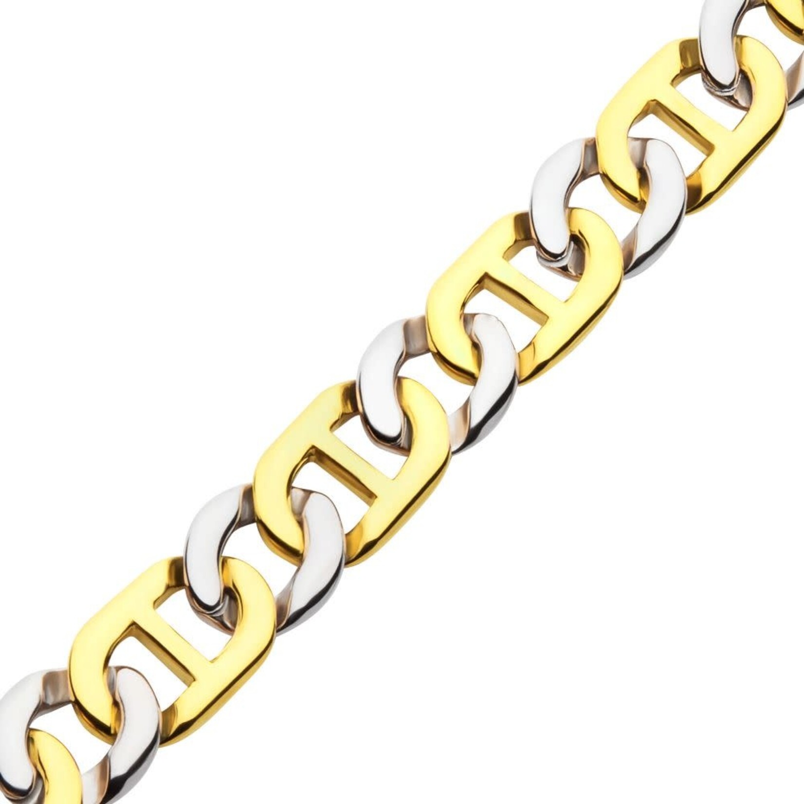Inox 18Kt Gold IP Stainless Steel 11mm Mariner Link Chain Two-tone Bracelet 8.5"