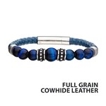 Inox Blue Genuine Full Grain Cowhide Leather with Steel & Blue Tiger Eye Beads Bracelet 8.25"