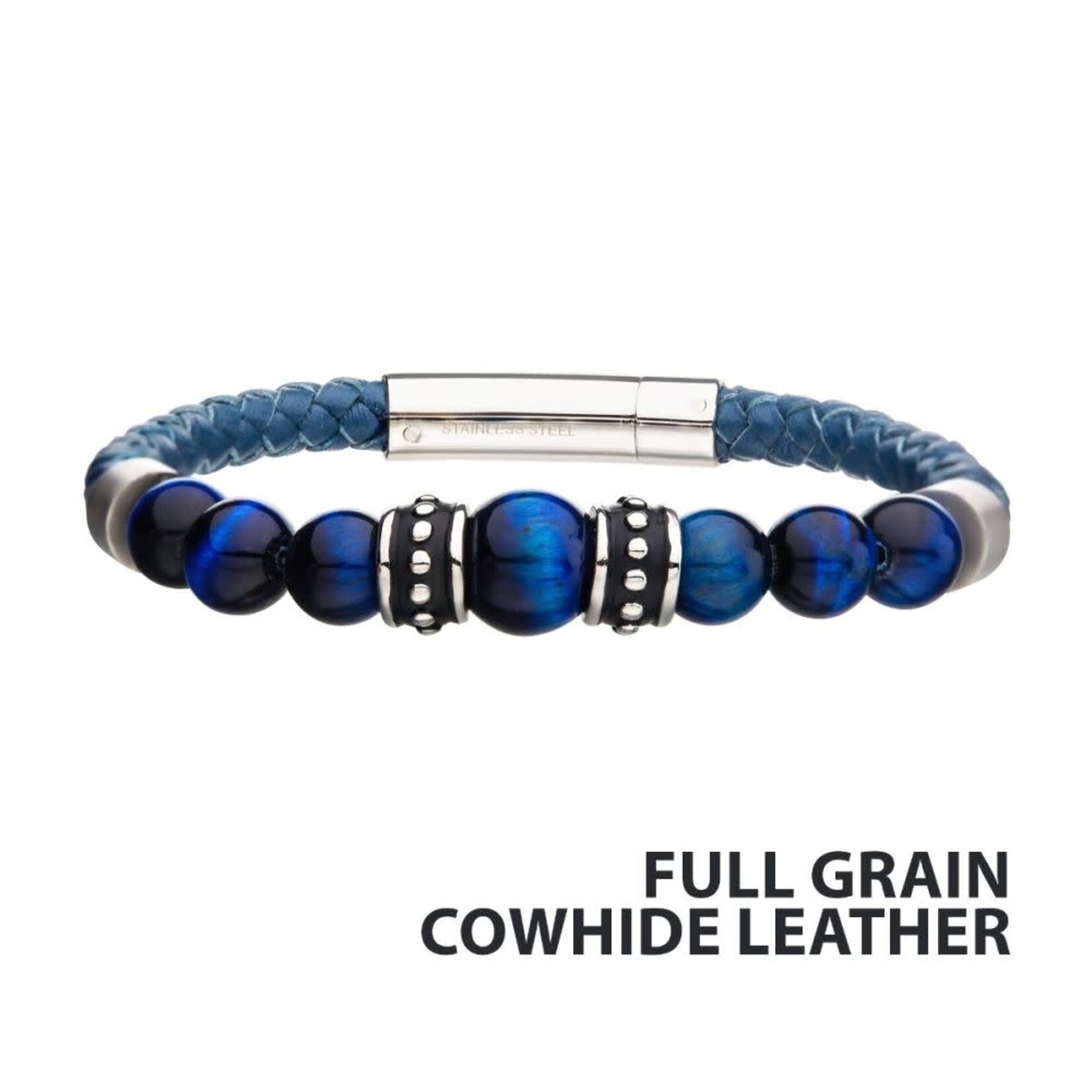 Inox Blue Genuine Full Grain Cowhide Leather with Steel & Blue Tiger Eye Beads Bracelet 8.25"