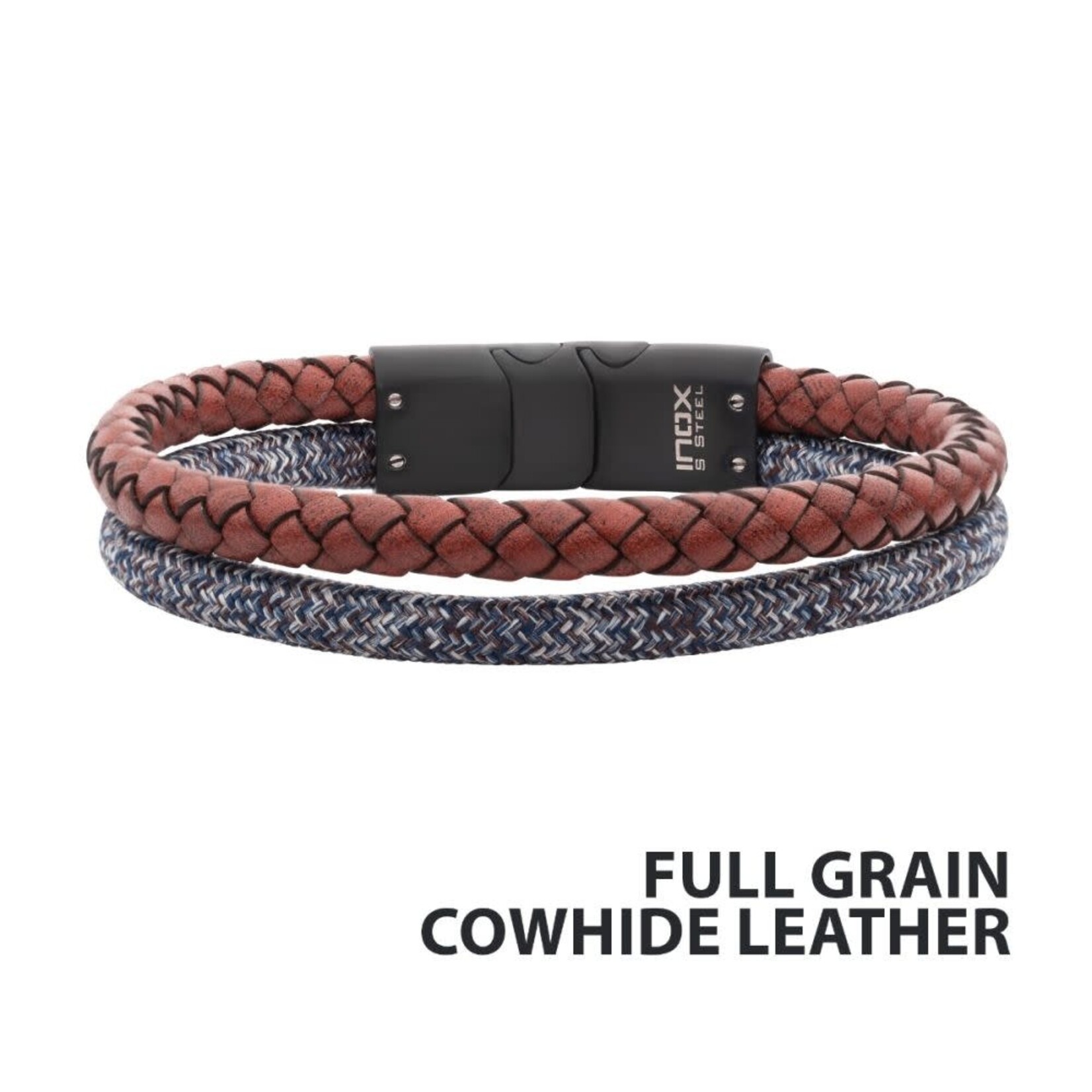 Inox Black/White Nylon Cord & Brown Full Grain Cowhide Leather Stacking Duo Bracelet 8"-8.5"