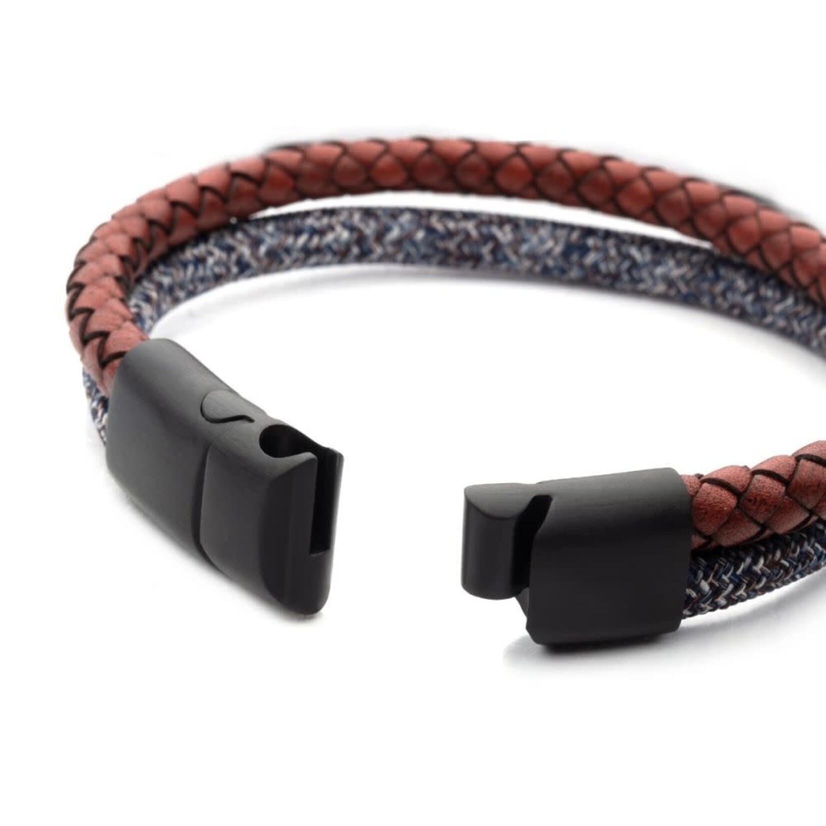 Inox Black/White Nylon Cord & Brown Full Grain Cowhide Leather Stacking Duo Bracelet 8"-8.5"