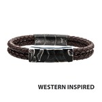 Inox Brown Leather with Gun Metal IP 3D Canyon Pattern Bracelet 8.25"-8.75"