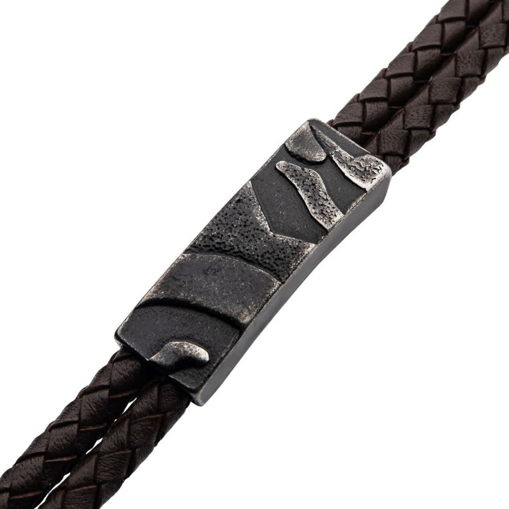 Inox Brown Leather with Gun Metal IP 3D Canyon Pattern Bracelet 8.25"-8.75"
