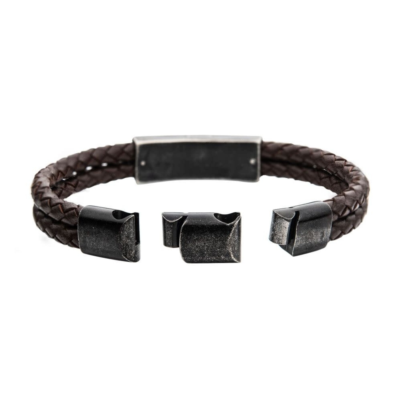 Inox Brown Leather with Gun Metal IP 3D Canyon Pattern Bracelet 8.25"-8.75"