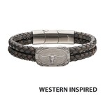 Inox Double Strand Gray Leather with Brushed Steel Longhorn Bracelet 8.25"-8.75"