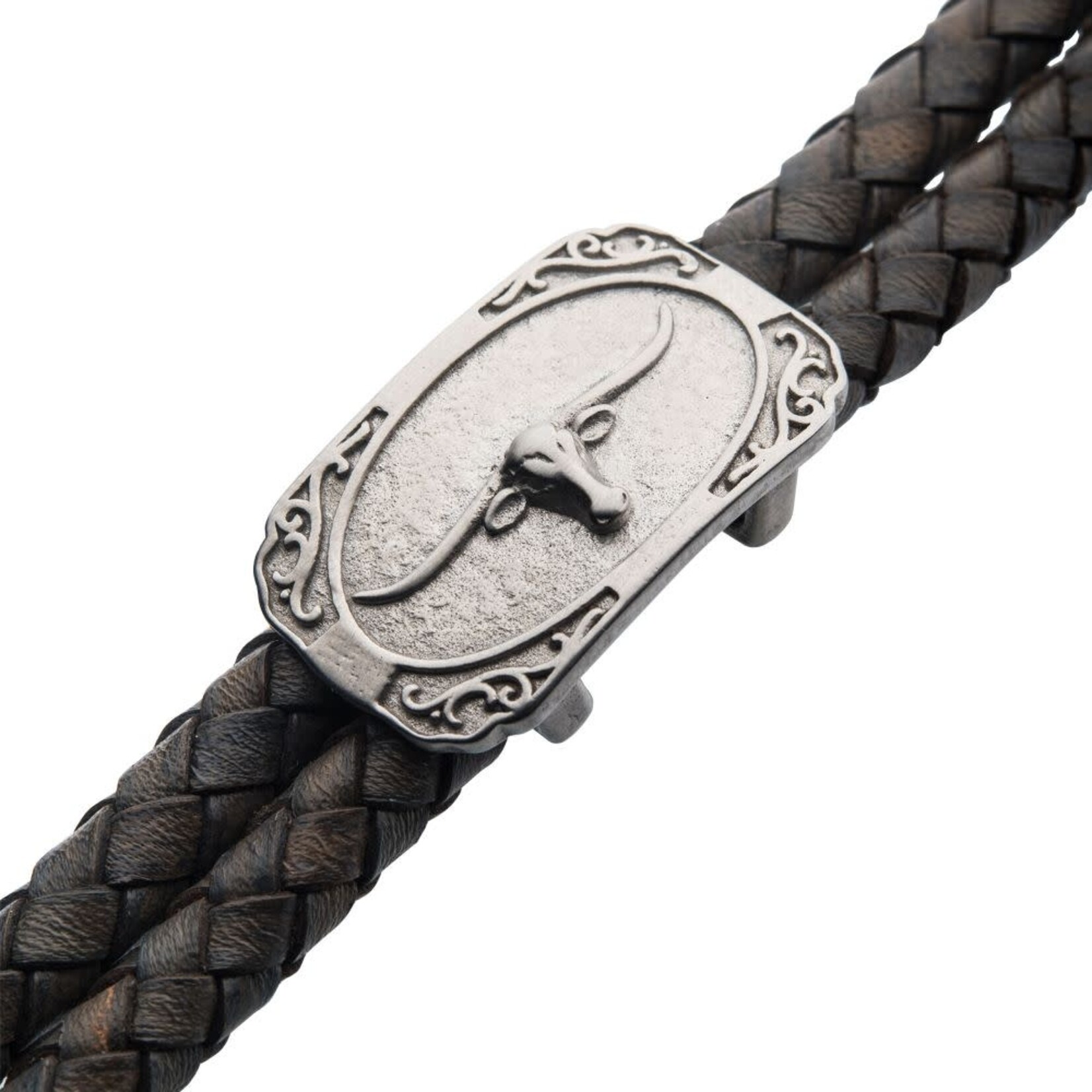 Inox Double Strand Gray Leather with Brushed Steel Longhorn Bracelet 8.25"-8.75"