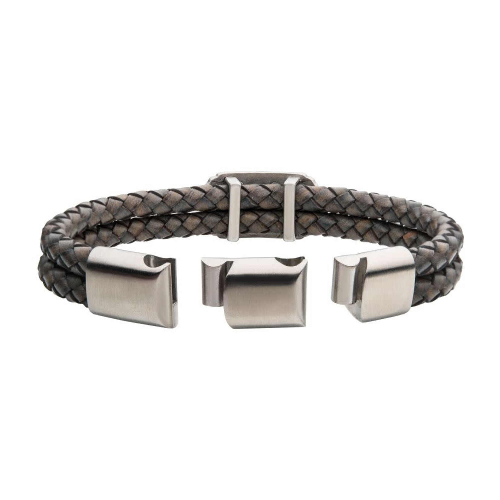 Inox Double Strand Gray Leather with Brushed Steel Longhorn Bracelet 8.25"-8.75"