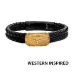 Inox Double Strand Black Leather with Gold IP Longhorn Bracelet 8.25"-8.75"