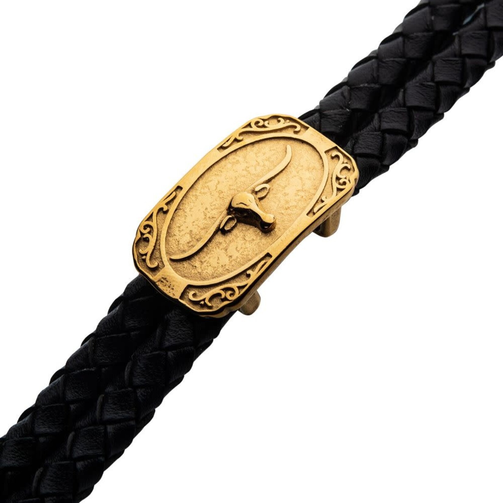 Inox Double Strand Black Leather with Gold IP Longhorn Bracelet 8.25"-8.75"