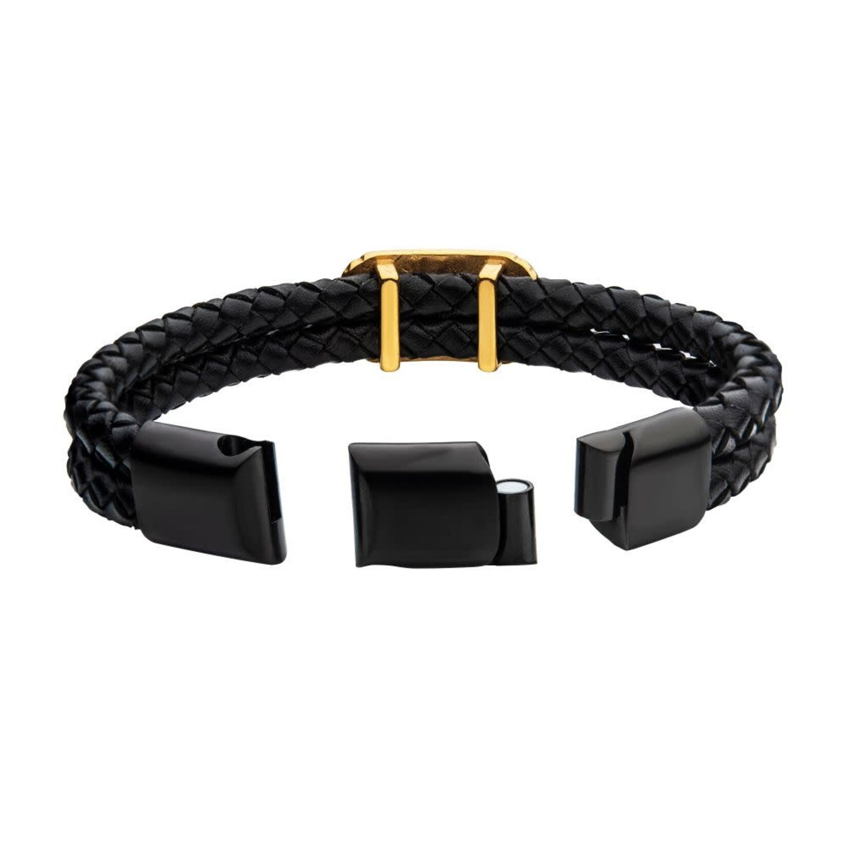 Inox Double Strand Black Leather with Gold IP Longhorn Bracelet 8.25"-8.75"
