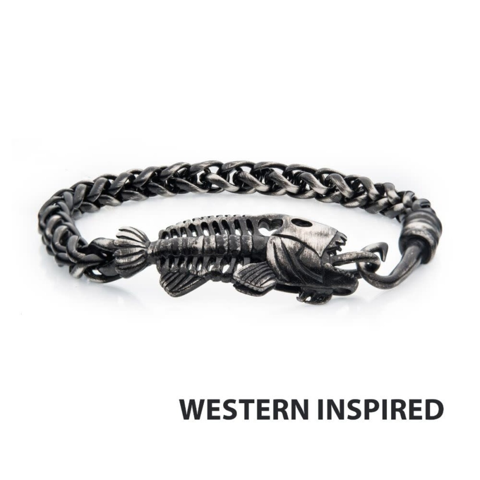 Inox Gun Metal IP Wheat Chain with Fishbone on Hook Clasp Bracelet 8.5"