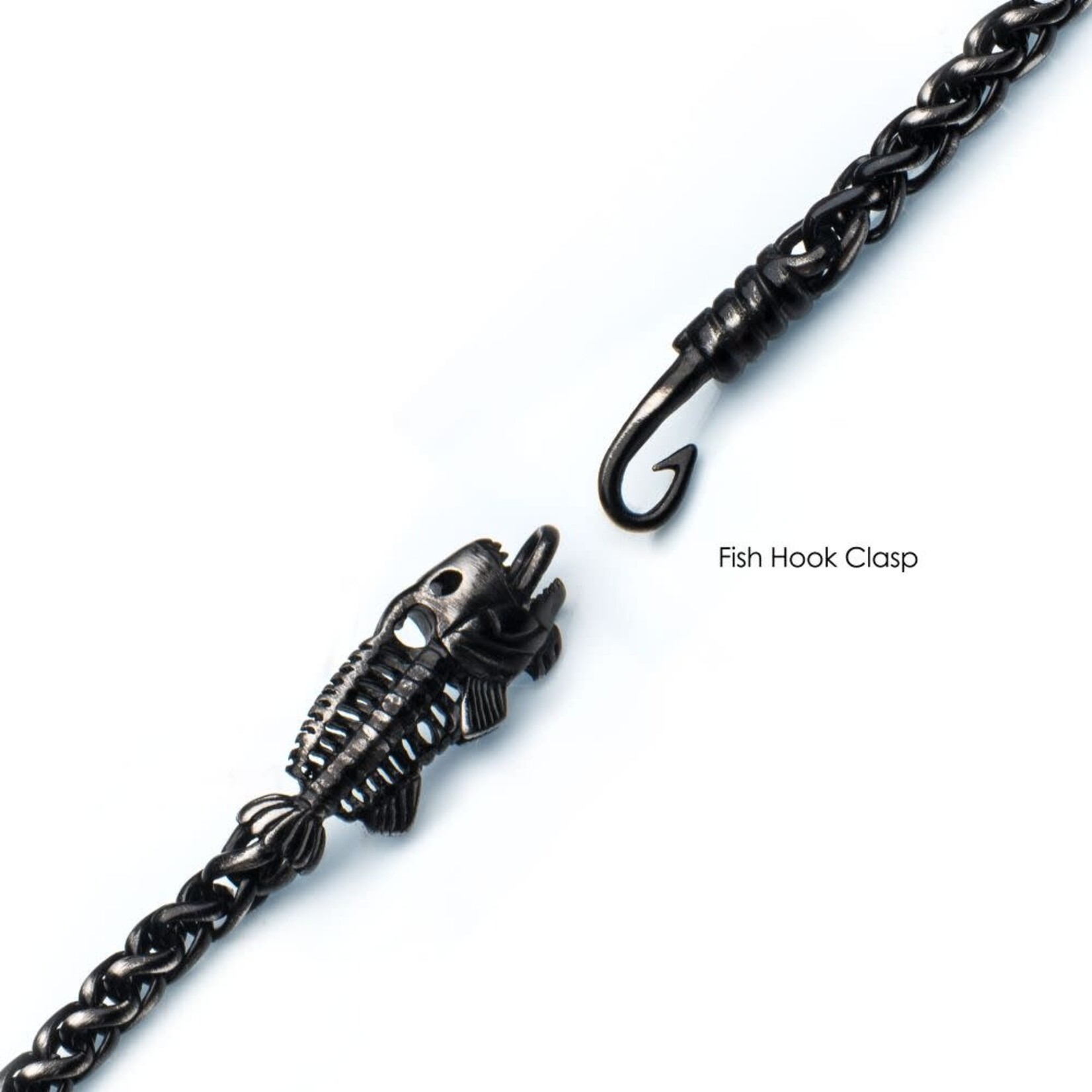 Inox Gun Metal IP Wheat Chain with Fishbone on Hook Clasp Bracelet 8.5"