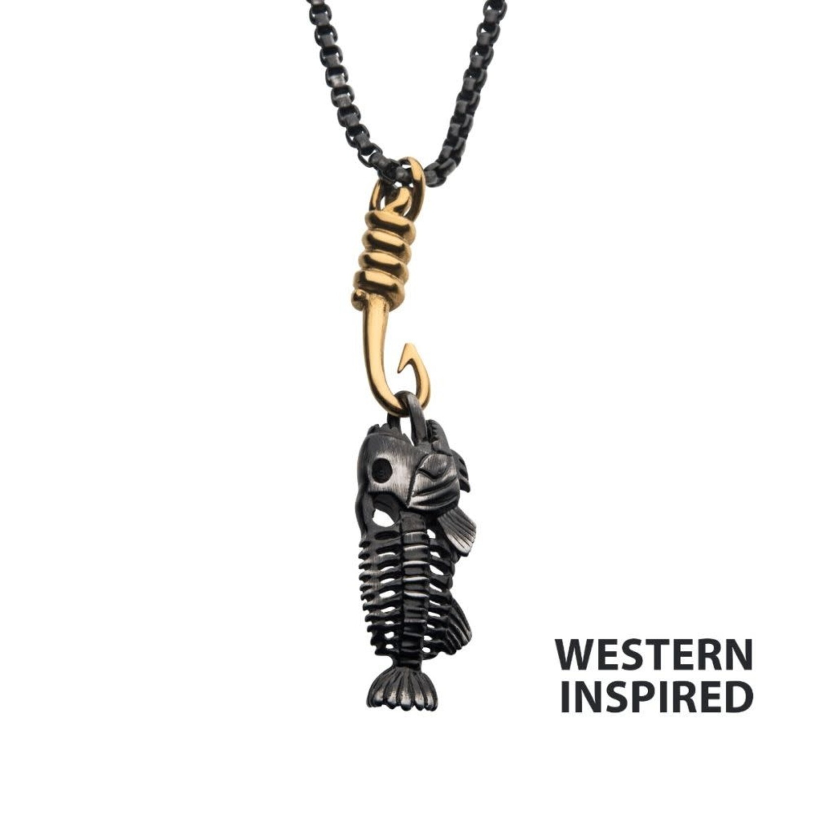 Inox Black IP Fishbone Pendant on a Polished Gold IP Hook with Black IP Box Chain 24"