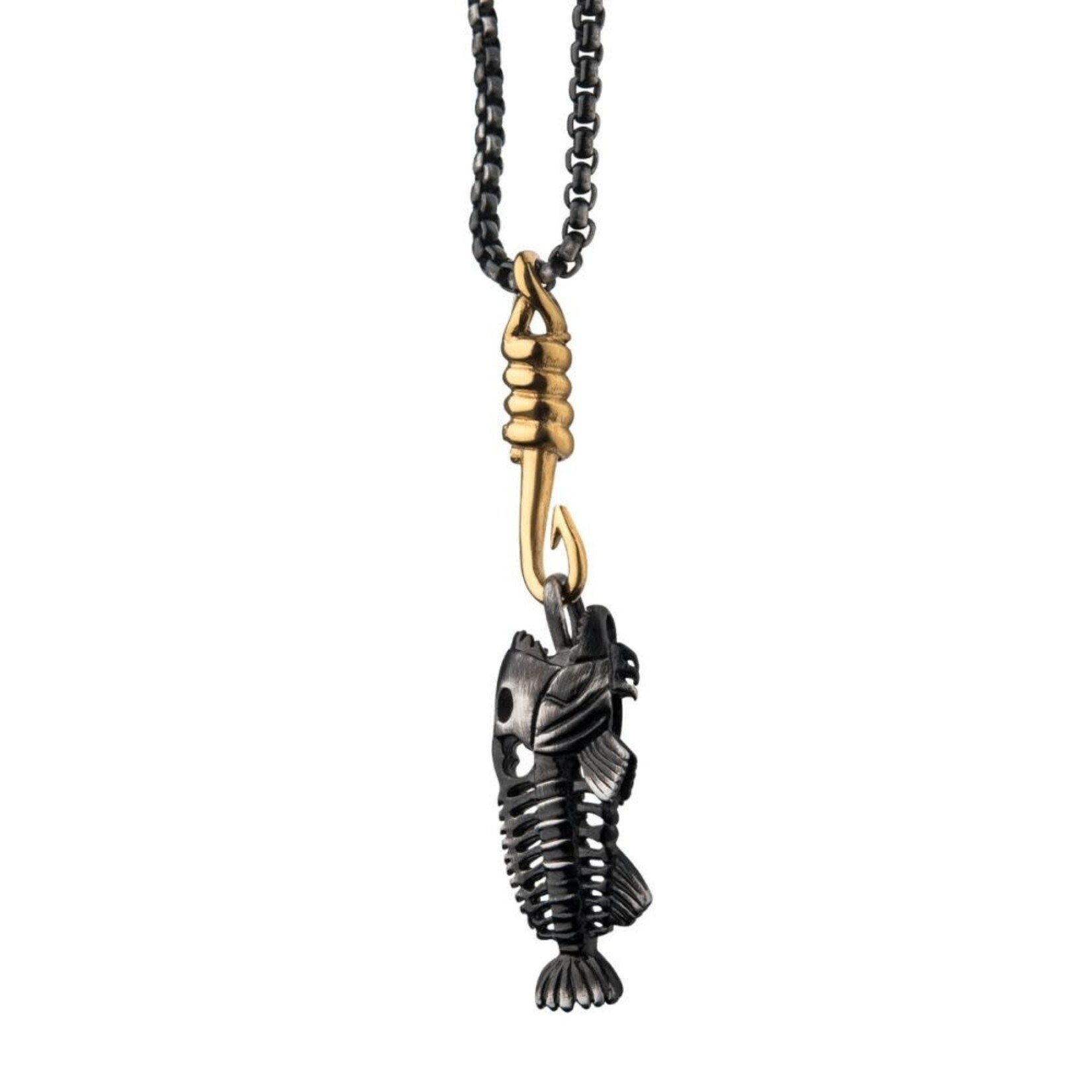 Inox Black IP Fishbone Pendant on a Polished Gold IP Hook with Black IP Box Chain 24"