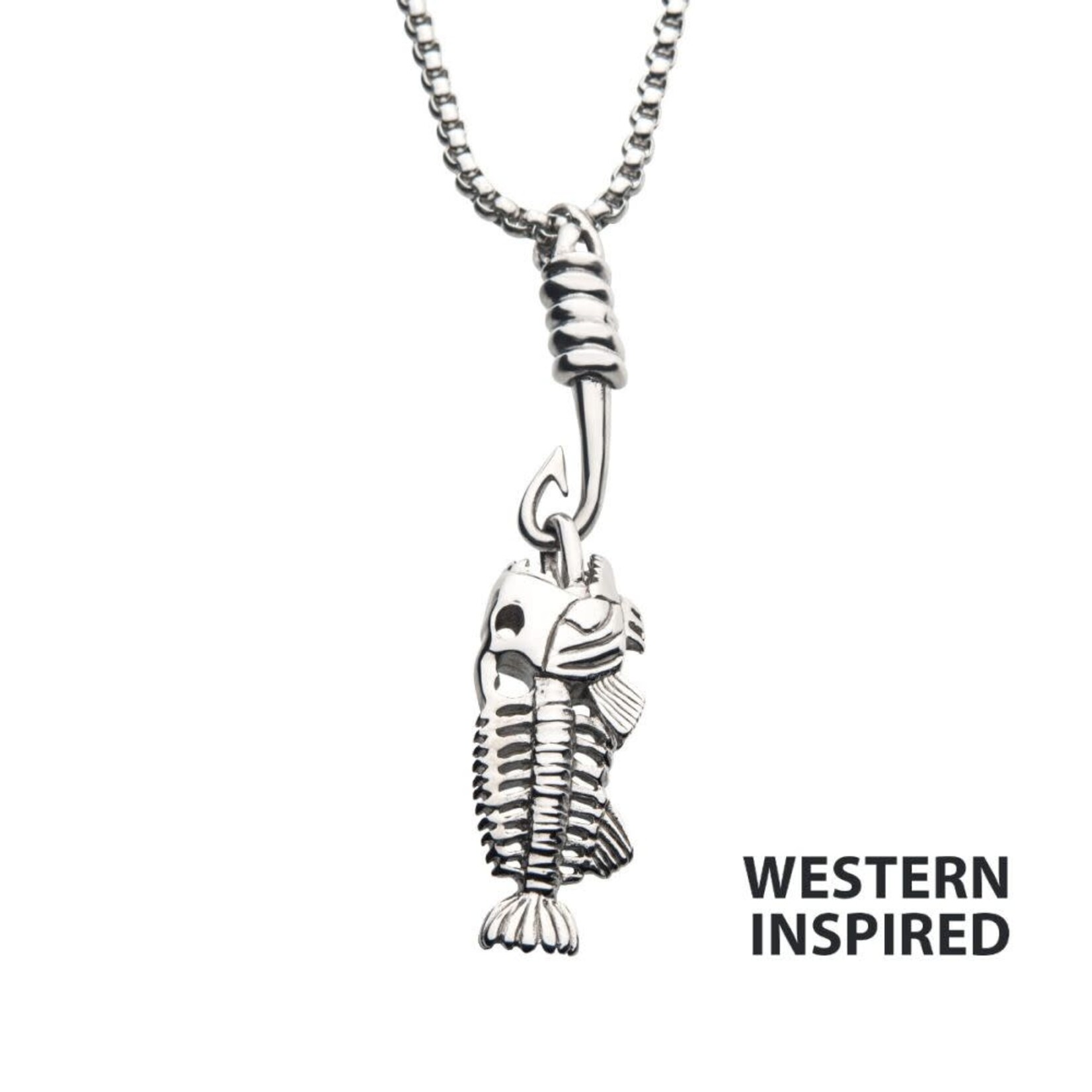 Inox Polished Steel Fishbone Pendant with Hook & Box Chain 24"