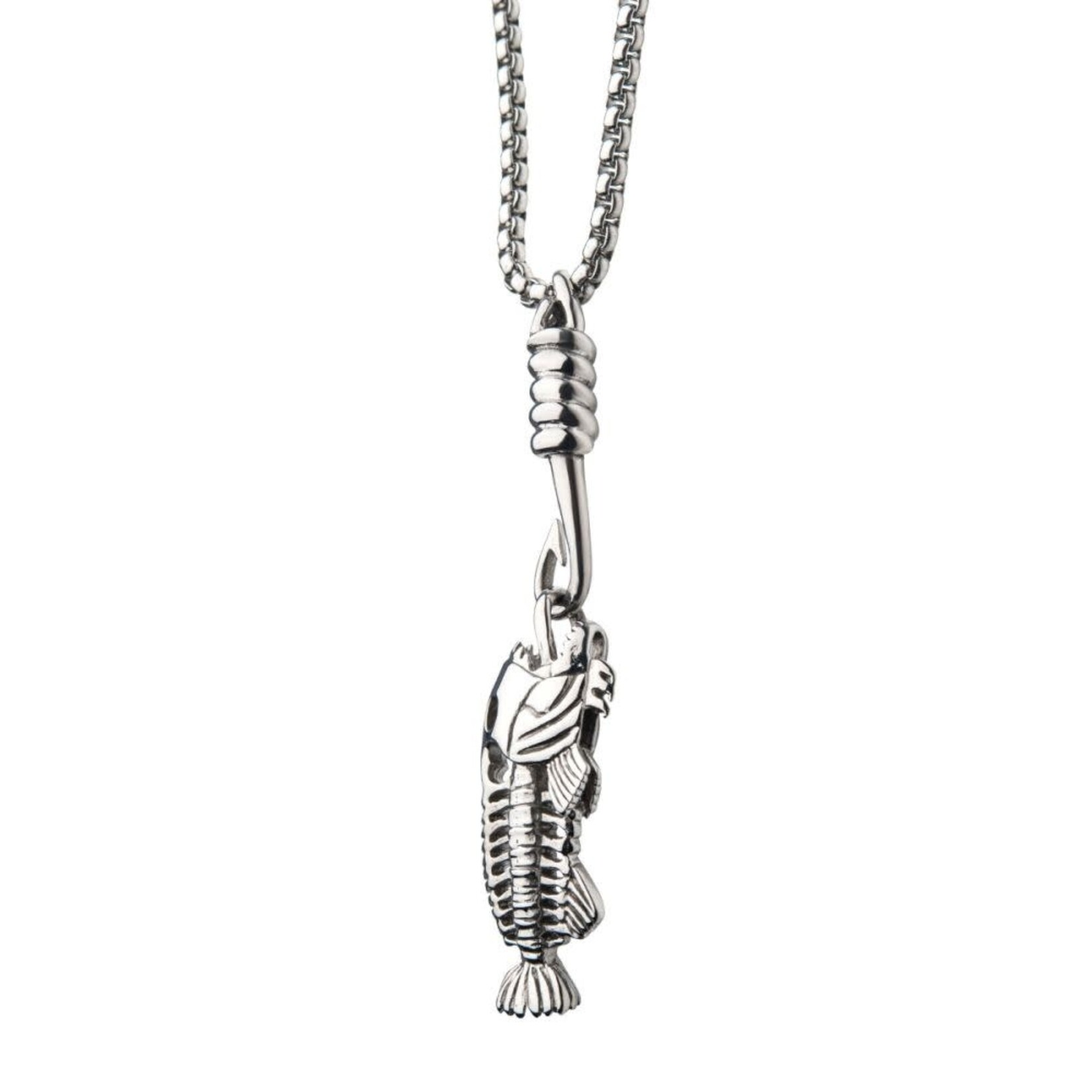 Inox Polished Steel Fishbone Pendant with Hook & Box Chain 24"