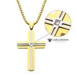Inox 18Kt Gold IP Steel Lab-Grown Diamond Thin Line Layered Cross Pendant