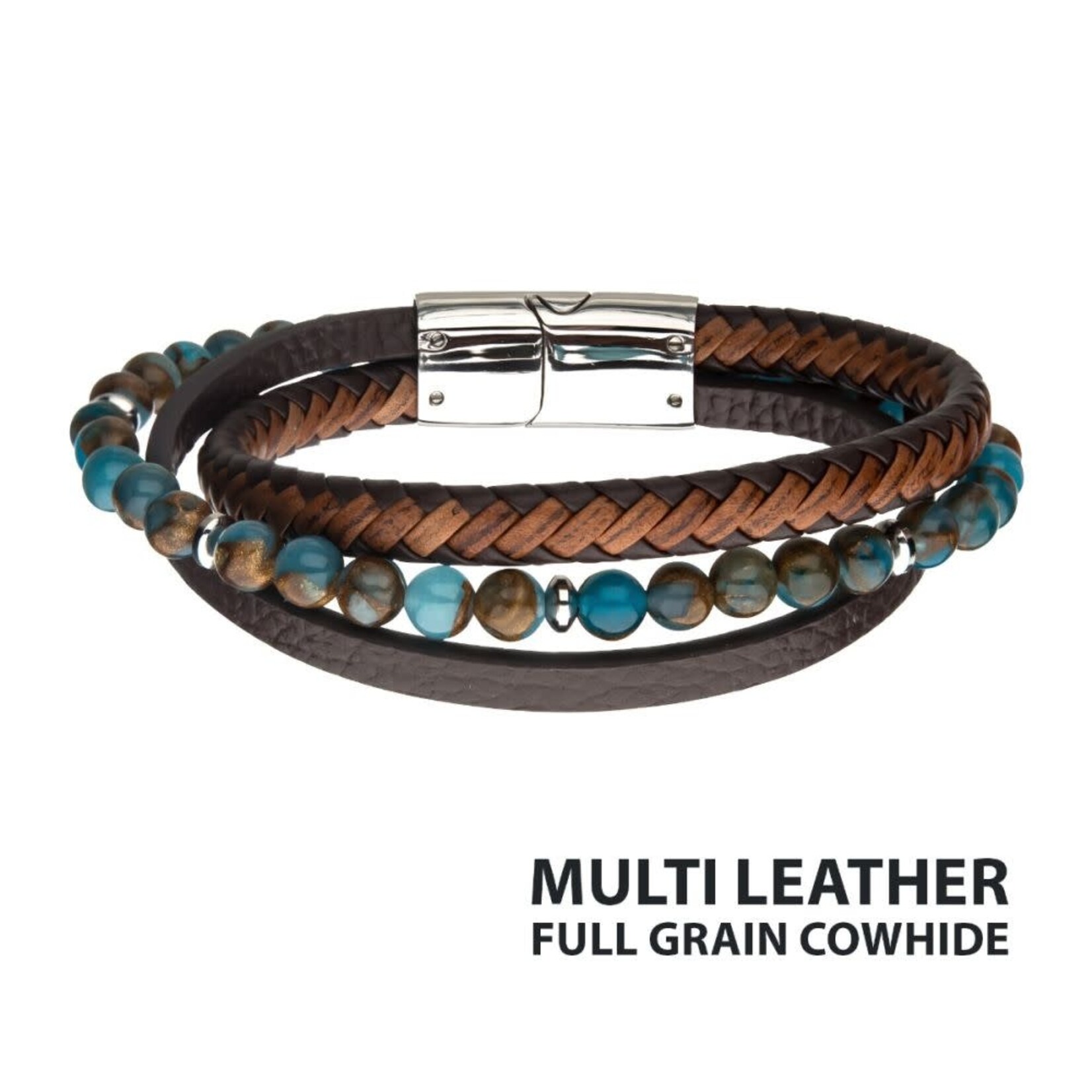 Inox Chrysocolla Beads with Brown Leather Layered Bracelet 8"-8.5"