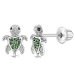 In Season Adorable Turtle Screw Back Earrings Cubic Zirconia - Sterling Silver - Green CZ