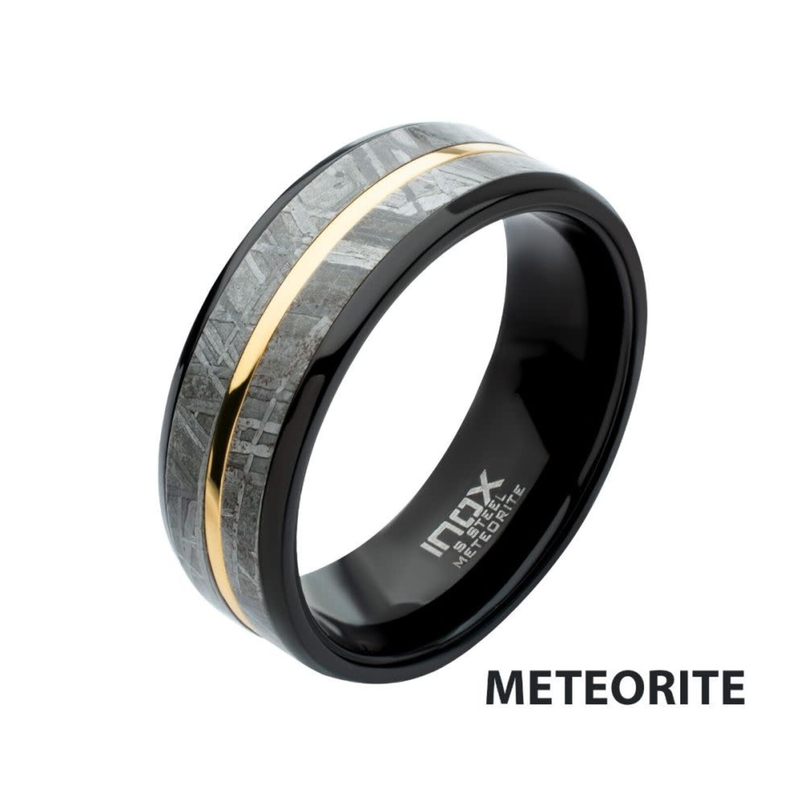 Inox 8mm Gold IP & Meteorite Inlay Black IP Comfort Fit Ring