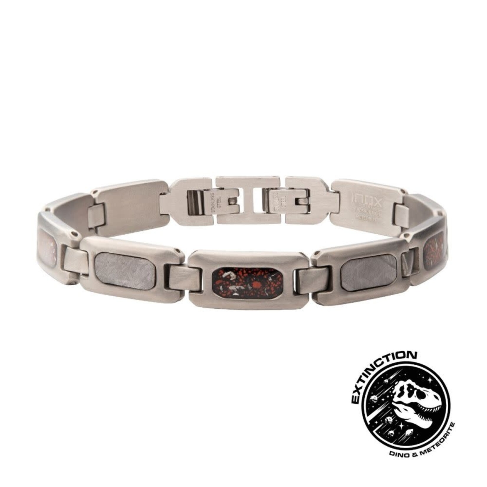 Inox Gun Metal IP Steel Matte Finish Meteorite & Black Dinosaur Bone Inlay Link Bracelet