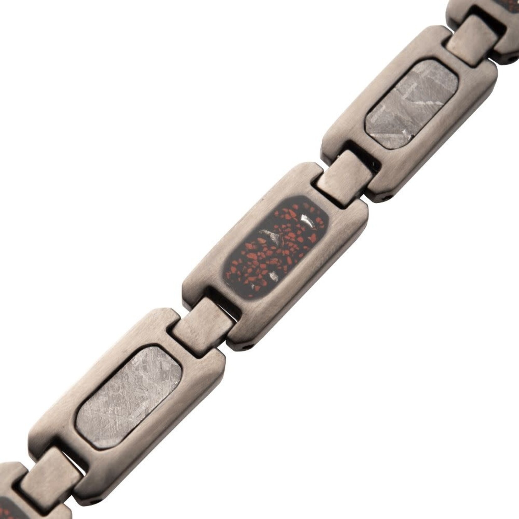 Inox Gun Metal IP Steel Matte Finish Meteorite & Black Dinosaur Bone Inlay Link Bracelet