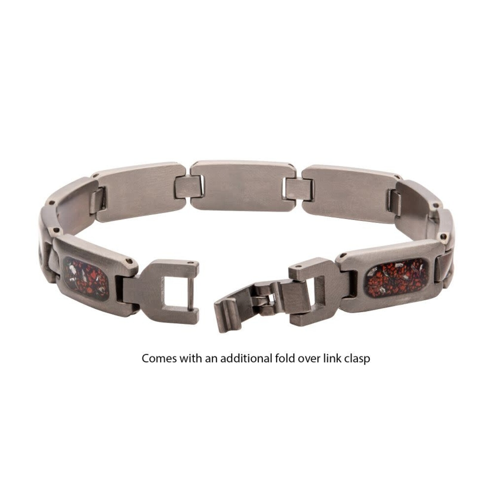 Inox Gun Metal IP Steel Matte Finish Meteorite & Black Dinosaur Bone Inlay Link Bracelet