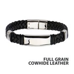 Inox Stainless Steel Black Full Grain Cowhide Leather Bracelet