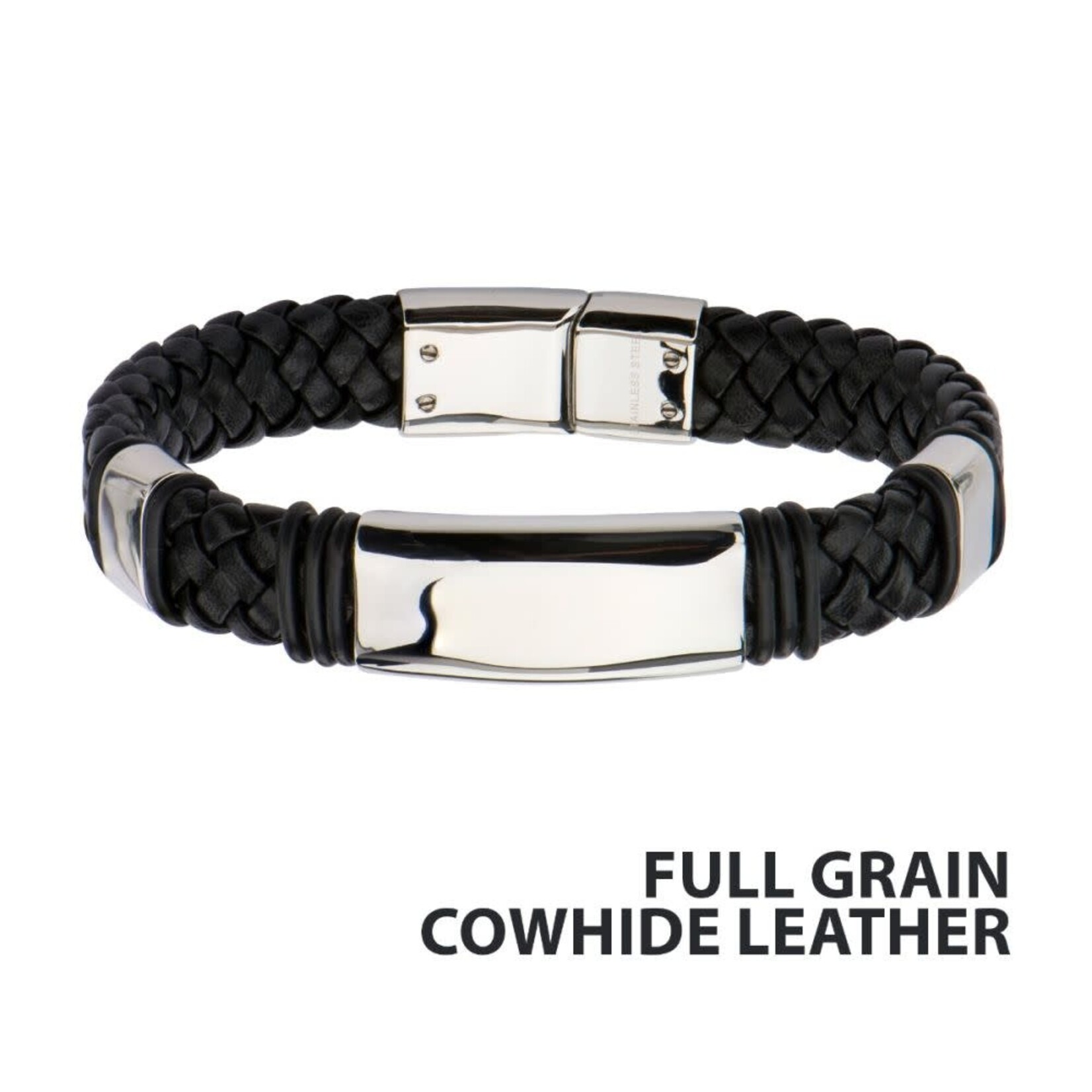 Inox Stainless Steel Black Full Grain Cowhide Leather Bracelet