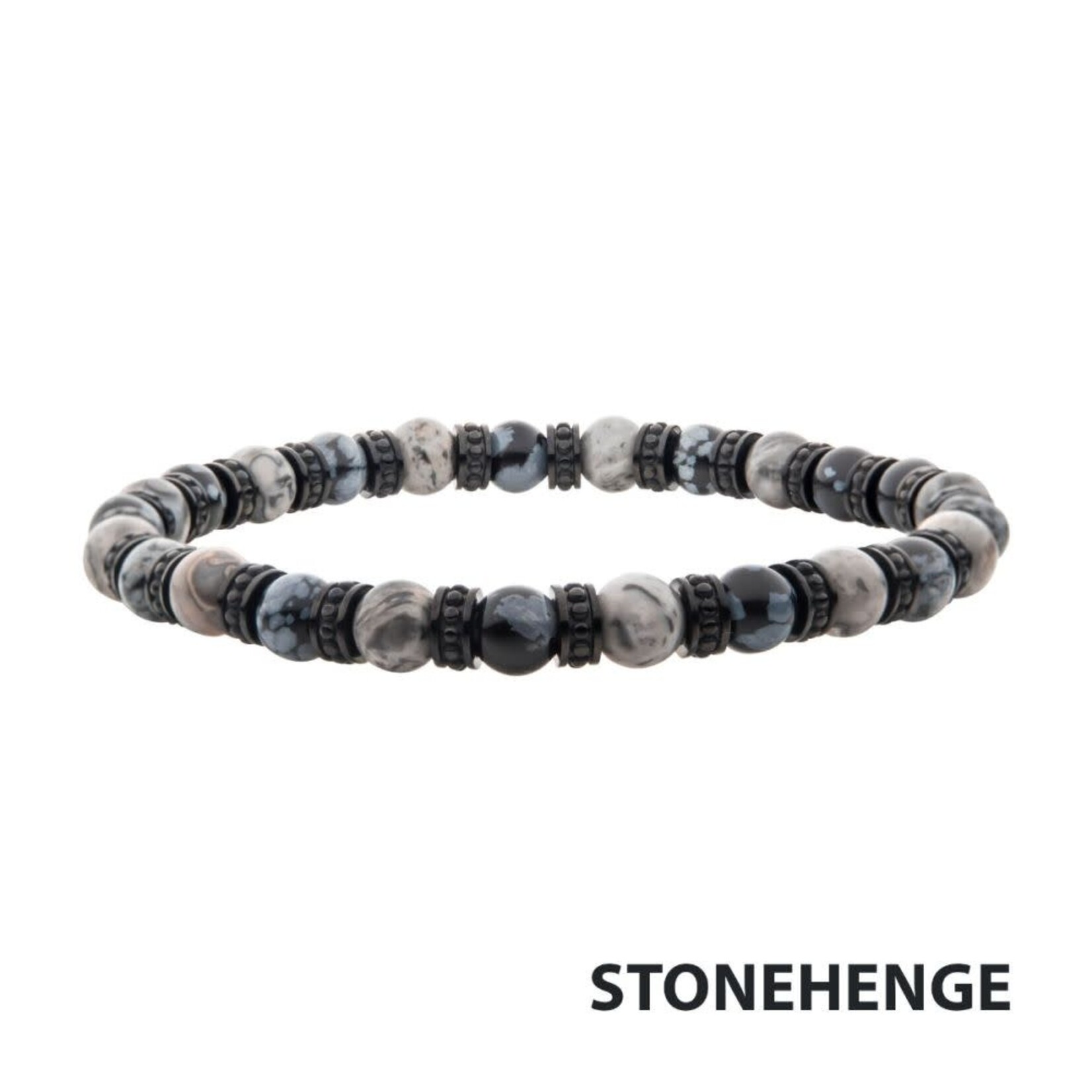 Inox Black Steel Disks Alternating with Genuine Grey Jasper & Snowflake Obsidian Stone Beads