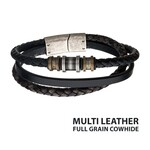 Inox Steel Antiqued Finish Gold and Silver Beads with Black Multi Leather Full Grain Cowhide Layered Bracelet