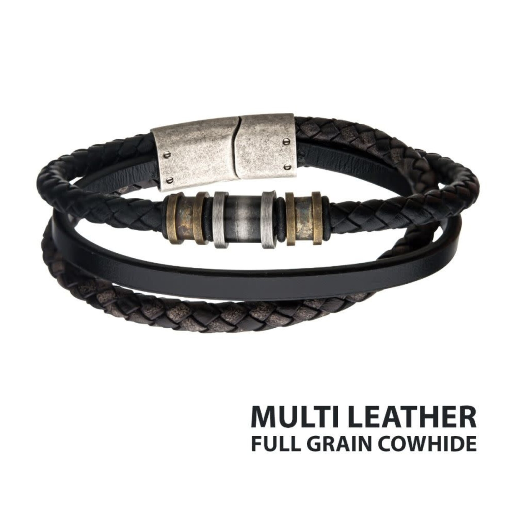 Inox Steel Antiqued Finish Gold and Silver Beads with Black Multi Leather Full Grain Cowhide Layered Bracelet