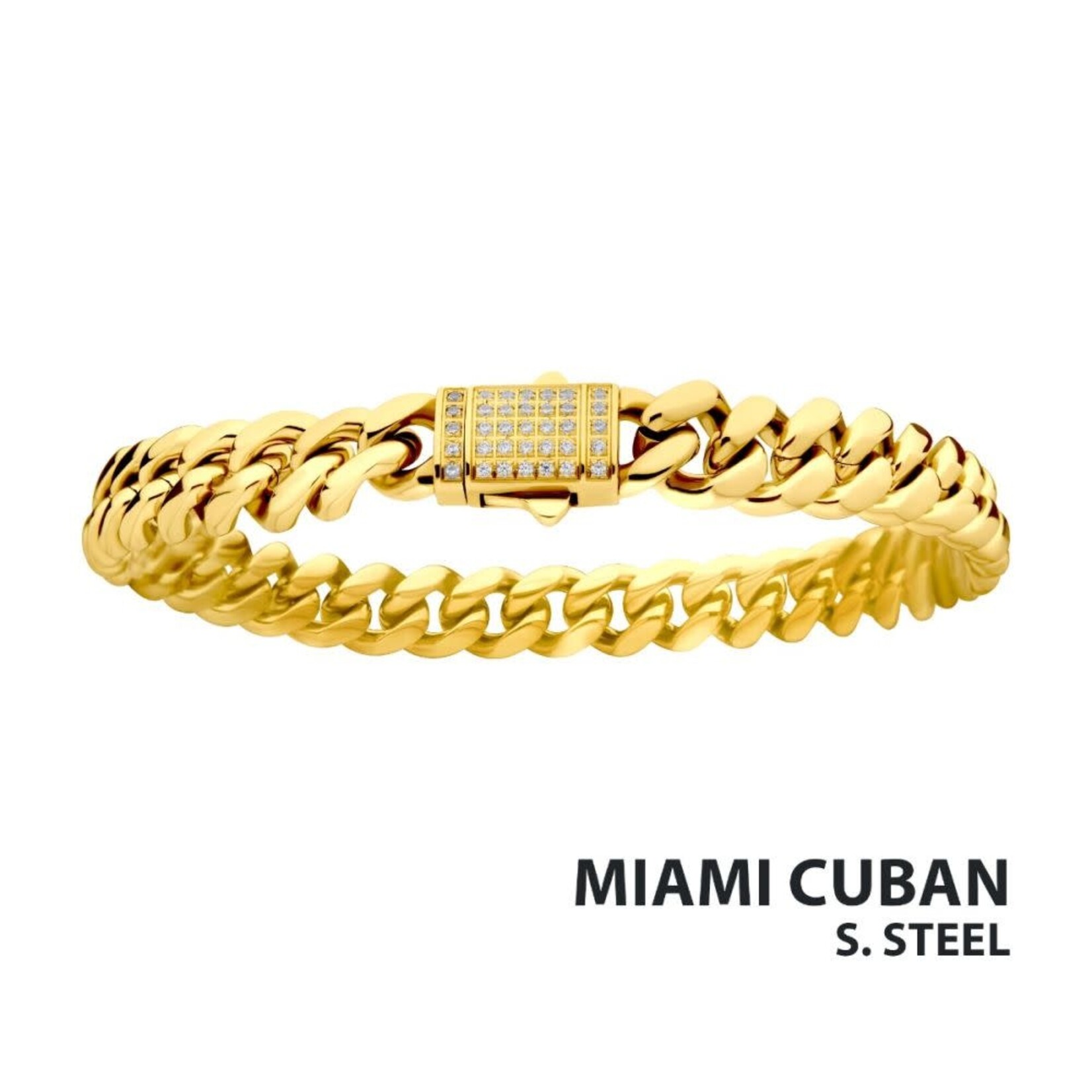 Inox 8mm 18Kt Gold IP Miami Cuban Chain Bracelet with CNC Precision Set CZ Double Tab Box Clasp 8.5"