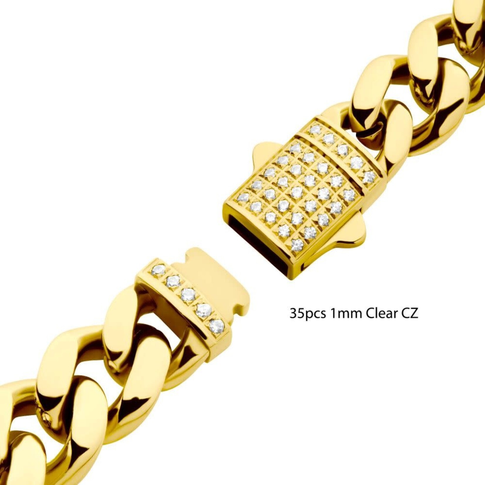 Inox 8mm 18Kt Gold IP Miami Cuban Chain Bracelet with CNC Precision Set CZ Double Tab Box Clasp 8.5"